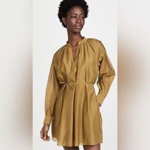 Rebecca Taylor Olive Long Sleeve Silk Blend Mini Dress Tie Waist Size Small